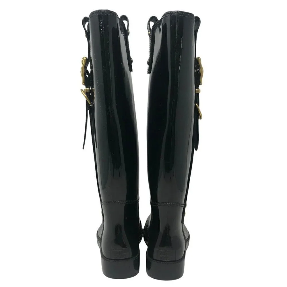 Coach Womens Tasha Riding Rain Boots Black Round Toe Knee High Buckle 7